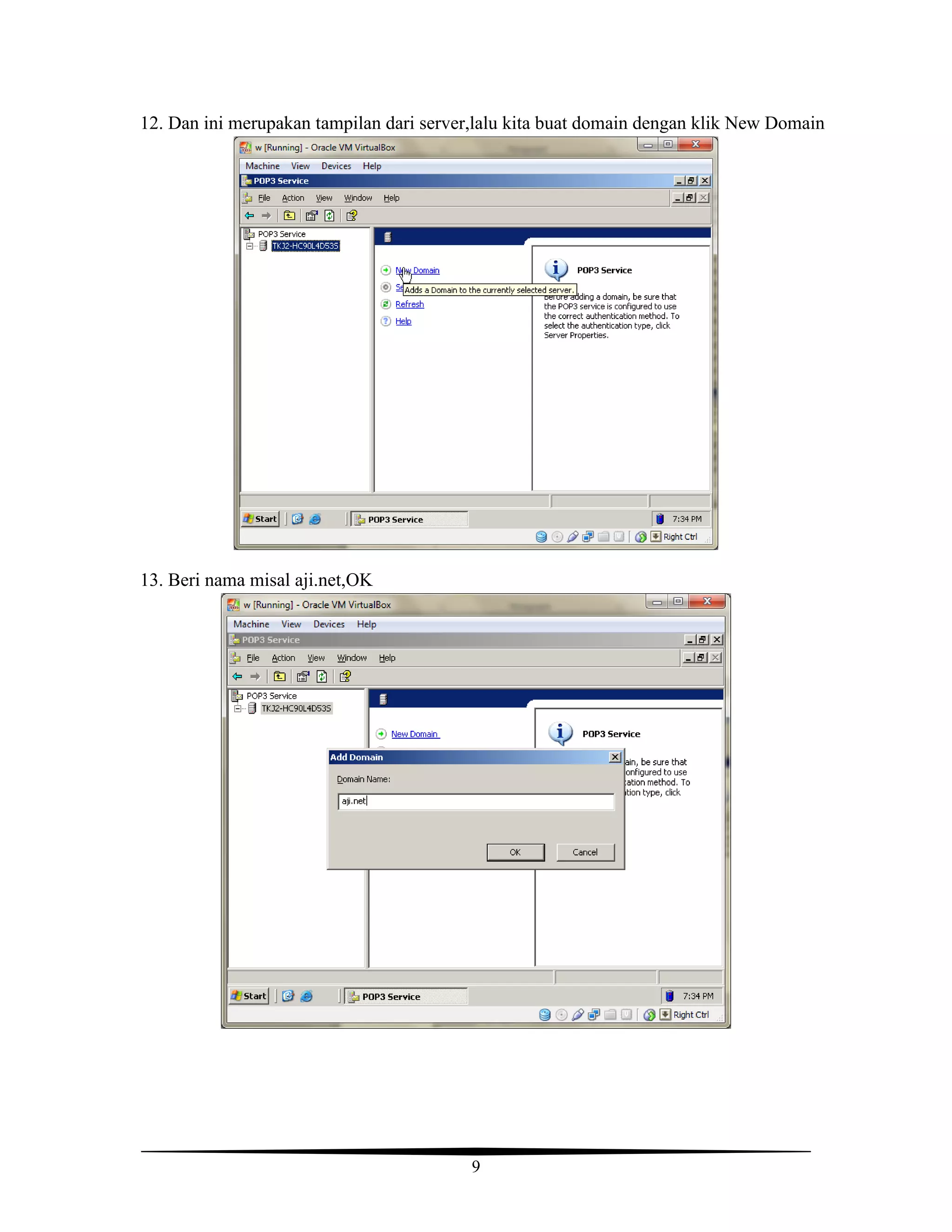 9
12. Dan ini merupakan tampilan dari server,lalu kita buat domain dengan klik New Domain
13. Beri nama misal aji.net,OK
 