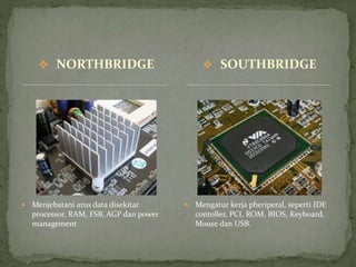  NORTHBRIDGE
 Menjebatani arus data disekitar
processor, RAM, FSB, AGP dan power
management
 Mengatur kerja pheriperal, seperti IDE
contoller, PCI, ROM, BIOS, Keyboard,
Mouse dan USB.
 SOUTHBRIDGE
 