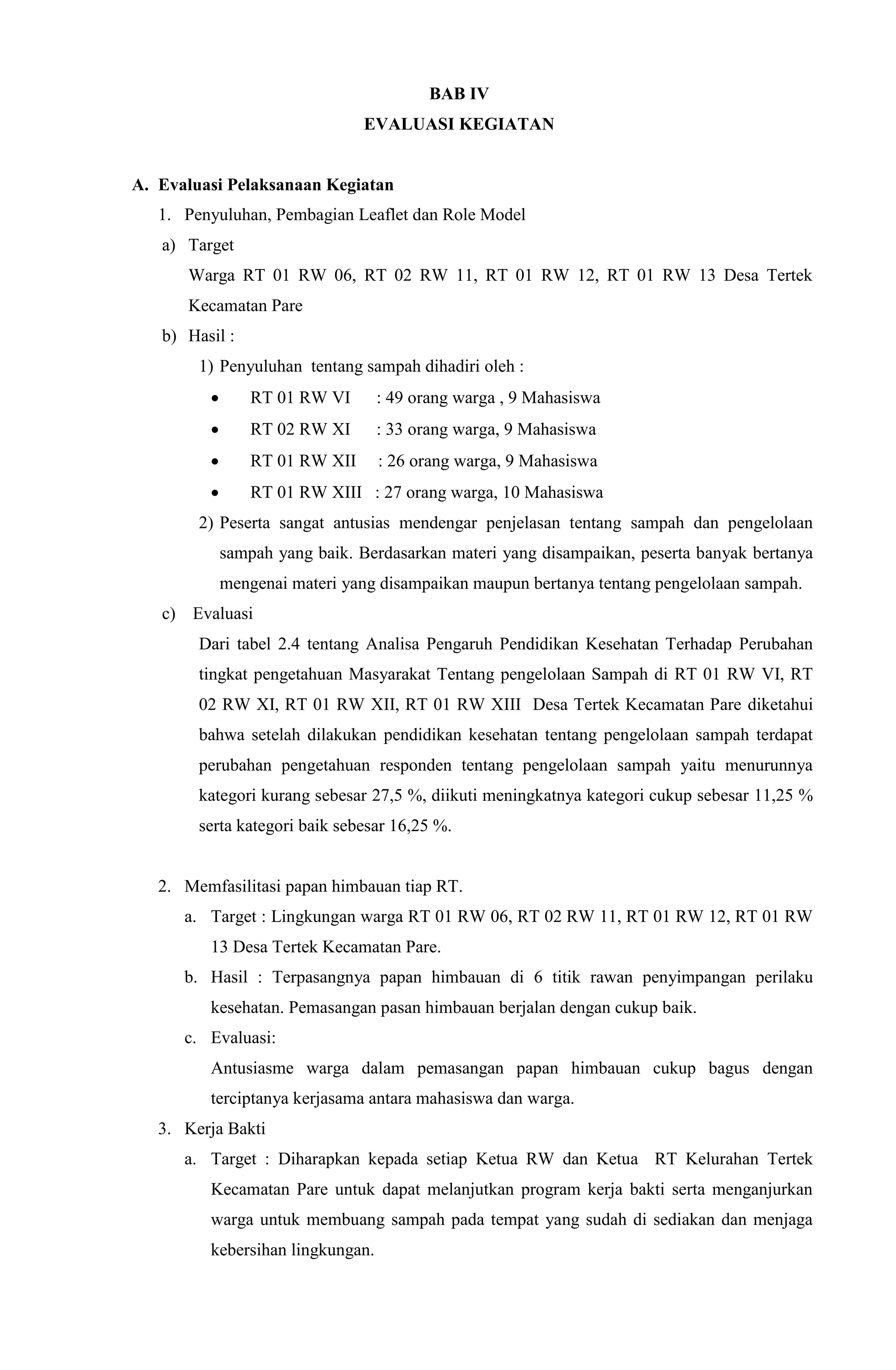 BAB IV
EVALUASI KEGIATAN
A. Evaluasi Pelaksanaan Kegiatan
1. Penyuluhan, Pembagian Leaflet dan Role Model
a) Target
Warga RT 01 RW 06, RT 02 RW 11, RT 01 RW 12, RT 01 RW 13 Desa Tertek
Kecamatan Pare
b) Hasil :
1) Penyuluhan tentang sampah dihadiri oleh :
 RT 01 RW VI : 49 orang warga , 9 Mahasiswa
 RT 02 RW XI : 33 orang warga, 9 Mahasiswa
 RT 01 RW XII : 26 orang warga, 9 Mahasiswa
 RT 01 RW XIII : 27 orang warga, 10 Mahasiswa
2) Peserta sangat antusias mendengar penjelasan tentang sampah dan pengelolaan
sampah yang baik. Berdasarkan materi yang disampaikan, peserta banyak bertanya
mengenai materi yang disampaikan maupun bertanya tentang pengelolaan sampah.
c) Evaluasi
Dari tabel 2.4 tentang Analisa Pengaruh Pendidikan Kesehatan Terhadap Perubahan
tingkat pengetahuan Masyarakat Tentang pengelolaan Sampah di RT 01 RW VI, RT
02 RW XI, RT 01 RW XII, RT 01 RW XIII Desa Tertek Kecamatan Pare diketahui
bahwa setelah dilakukan pendidikan kesehatan tentang pengelolaan sampah terdapat
perubahan pengetahuan responden tentang pengelolaan sampah yaitu menurunnya
kategori kurang sebesar 27,5 %, diikuti meningkatnya kategori cukup sebesar 11,25 %
serta kategori baik sebesar 16,25 %.
2. Memfasilitasi papan himbauan tiap RT.
a. Target : Lingkungan warga RT 01 RW 06, RT 02 RW 11, RT 01 RW 12, RT 01 RW
13 Desa Tertek Kecamatan Pare.
b. Hasil : Terpasangnya papan himbauan di 6 titik rawan penyimpangan perilaku
kesehatan. Pemasangan pasan himbauan berjalan dengan cukup baik.
c. Evaluasi:
Antusiasme warga dalam pemasangan papan himbauan cukup bagus dengan
terciptanya kerjasama antara mahasiswa dan warga.
3. Kerja Bakti
a. Target : Diharapkan kepada setiap Ketua RW dan Ketua RT Kelurahan Tertek
Kecamatan Pare untuk dapat melanjutkan program kerja bakti serta menganjurkan
warga untuk membuang sampah pada tempat yang sudah di sediakan dan menjaga
kebersihan lingkungan.
 