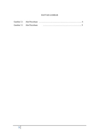 3
DAFTAR GAMBAR
Gambar 2.1 Alat Percobaan …….………………………………………………….. 6
Gambar 3.1 Alat Percobaan ………………………………………………….. 9
 