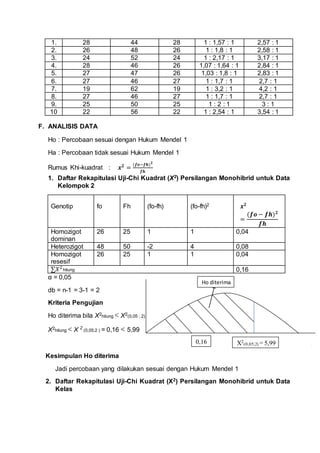 1. 28 44 28 1 : 1,57 : 1 2,57 : 1
2. 26 48 26 1 : 1,8 : 1 2,58 : 1
3. 24 52 24 1 : 2,17 : 1 3,17 : 1
4. 28 46 26 1,07 : 1,64 : 1 2,84 : 1
5. 27 47 26 1,03 : 1,8 : 1 2,83 : 1
6. 27 46 27 1 : 1,7 : 1 2,7 : 1
7. 19 62 19 1 : 3,2 : 1 4,2 : 1
8. 27 46 27 1 : 1,7 : 1 2,7 : 1
9. 25 50 25 1 : 2 : 1 3 : 1
10 22 56 22 1 : 2,54 : 1 3,54 : 1
F. ANALISIS DATA
Ho : Percobaan sesuai dengan Hukum Mendel 1
Ha : Percobaan tidak sesuai Hukum Mendel 1
Rumus Khi-kuadrat : 𝒙 𝟐
=
(𝒇𝒐−𝒇𝒉) 𝟐
𝒇𝒉
1. Daftar Rekapitulasi Uji-Chi Kuadrat (X2) Persilangan Monohibrid untuk Data
Kelompok 2
Genotip fo Fh (fo-fh) (fo-fh)2 𝒙 𝟐
=
(𝒇𝒐 − 𝒇𝒉) 𝟐
𝒇𝒉
Homozigot
dominan
26 25 1 1 0,04
Heterozigot 48 50 -2 4 0,08
Homozigot
resesif
26 25 1 1 0,04
∑𝑋2
hitung 0,16
α = 0,05
db = n-1 = 3-1 = 2
Kriteria Pengujian
Ho diterima bila X2hitung X2(0,05 ; 2)
X2hitung X 2
(0,05;2 ) = 0,16 5,99
Kesimpulan Ho diterima
Jadi percobaan yang dilakukan sesuai dengan Hukum Mendel 1
2. Daftar Rekapitulasi Uji-Chi Kuadrat (X2) Persilangan Monohibrid untuk Data
Kelas
0,16
Ho diterima
X2
(0,05;2) = 5,99
 