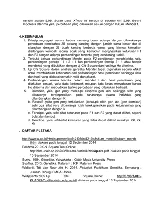 sendiri adalah 5,99. Sudah pasti X2
hitung ini berada di sebelah kiri 5,99. Berarti
hipotesis diterima yaitu percobaan yang dilakukan sesuai dengan hukum Mendel 1.
H. KESIMPULAN
1. Prinsip segregasi secara bebas memang benar adanya dengan dilakukannya
percobaan pemisahan 25 pasang kancing dengan jumlah sama besar dan di
silangkan dengan 25 buah kancing berbeda warna yang lainnya kemudian
disilangkan kembali secara acak yang kemudian menghasilkan keturunan F1
dan F2 dengan adanya perbandingan tertentu yang cenderung stabil.
2. Terbukti bahwa perbandingan Mendel pada F2 persilangan monohibrida, yaitu
perbandingan genotip 1 : 2 : 1 dan perbandingan fenotip 3 : 1 atau hampir
mendekati yang dibuktikan dengan uji Chi-Square dan hasilnya Ho diterima.
3. Uji Chi Square dalam analisis genetika Mendel dapat digunakan secara efektif
untuk membuktikan kebenaran dari perbandingan hasil percobaan sehingga data
dan hasil yang didapat semakin valid dan akurat.
4. Perbandingan antara teoritis hukum mendel I dan hasil percobaan yang
dilakukan sesuai, yaitu data kelompok maupun data kelas menyatakan bahwa
Ho diterima dan mebuktikan bahwa percobaan yang dilakukan berhasil.
5. Dominan, yaitu gen yang menutupi ekspresi gen lain, sehingga sifat yang
dibawanya terekspresikan pada turunannya (suatu individu) yang
dilambangkan dengan K
b. Resesif, yaitu gen yang terkalahkan (tertutupi) oleh gen lain (gen dominan)
sehingga sifat yang dibawanya tidak terekspresikan pada keturunannya yang
dilambangkan dengan k
c. Fenotipe, yaitu sifat-sifat keturunan pada F1 dan F2 yang dapat dilihat, seperti
bulat dan keriput
d. Genotipe, yaitu sifat-sifat keturunan yang tidak dapat dilihat, misalnya KK, Kk,
kk
I. DAFTAR PUSTAKA
http://www.ut.ac.id/html/suplemen/biol4219/biol4219a/hukum_mendel/hukum_mende
l.htm diakses pada tanggal 12 September 2014
Rakhma.2010.Chi Square Test.Online:
http://fkm.unair.ac.id/s2k3/files/mk/statistik/chisquare.pdf diakses pada tanggal
13 September 2014
Suryo. 1984. Genetika. Yogyakarta : Gajah Mada University Press
Syafitra. 2013. Genetika. Mataram : IKIP Mataram Press
Widianti, Tuti dan Noor Aini H. 2014. Petunjuk Praktikum Genetika. Semarang :
Jurusan Biologi FMIPA Unnes.
Widjayanto.2009.Uji Chi Square.Online: http://6796/1/CHI-
KUADRAT.pdf/eprints.undip.ac.id/ diakses pada tanggal 13 September 2014
 