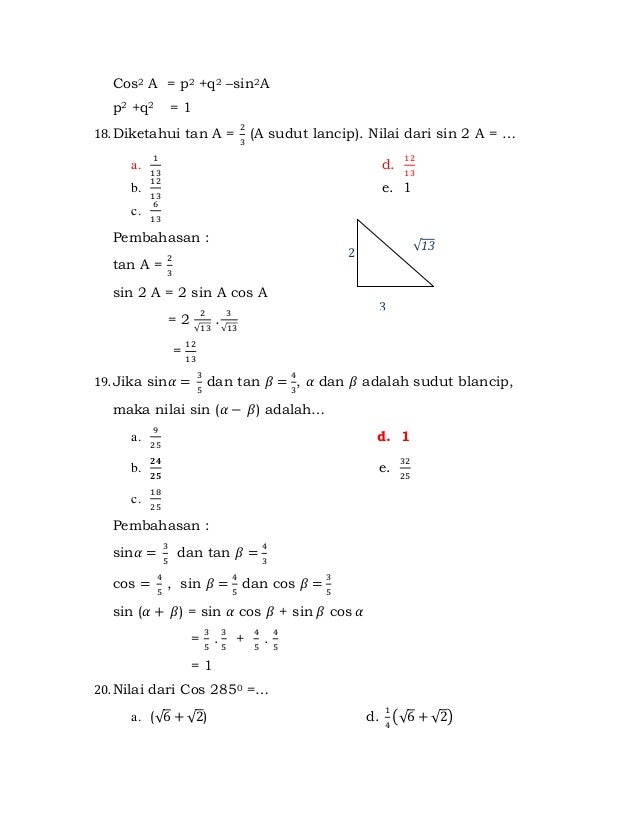 Soal Matematika Trigonometri Dua Sudut Kelas 11 Dan