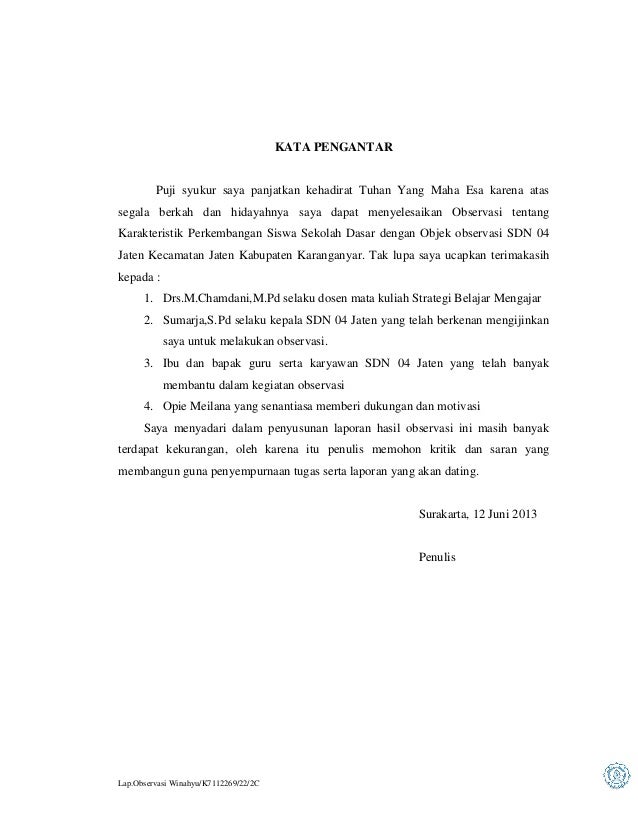 Contoh Laporan Observasi Di Sd Seputar Laporan