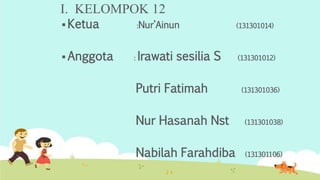 I. KELOMPOK 12
 Ketua :Nur’Ainun (131301014)
 Anggota : Irawati sesilia S (131301012)
Putri Fatimah (131301036)
Nur Hasa...