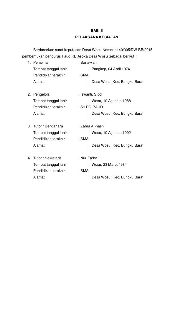 Laporan Pelaksanaan Contoh Laporan Bdr Paud