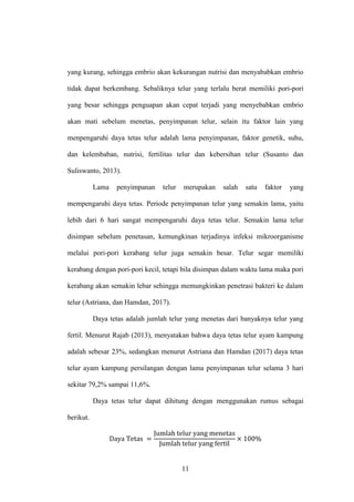 11
yang kurang, sehingga embrio akan kekurangan nutrisi dan menyababkan embrio
tidak dapat berkembang. Sebaliknya telur yang terlalu berat memiliki pori-pori
yang besar sehingga penguapan akan cepat terjadi yang menyebabkan embrio
akan mati sebelum menetas, penyimpanan telur, selain itu faktor lain yang
menpengaruhi daya tetas telur adalah lama penyimpanan, faktor genetik, suhu,
dan kelembaban, nutrisi, fertilitas telur dan kebersihan telur (Susanto dan
Suliswanto, 2013).
Lama penyimpanan telur merupakan salah satu faktor yang
mempengaruhi daya tetas. Periode penyimpanan telur yang semakin lama, yaitu
lebih dari 6 hari sangat mempengaruhi daya tetas telur. Semakin lama telur
disimpan sebelum penetasan, kemungkinan terjadinya infeksi mikroorganisme
melalui pori-pori kerabang telur juga semakin besar. Telur segar memiliki
kerabang dengan pori-pori kecil, tetapi bila disimpan dalam waktu lama maka pori
kerabang akan semakin lebar sehingga memungkinkan penetrasi bakteri ke dalam
telur (Astriana, dan Hamdan, 2017).
Daya tetas adalah jumlah telur yang menetas dari banyaknya telur yang
fertil. Menurut Rajab (2013), menyatakan bahwa daya tetas telur ayam kampung
adalah sebesar 23%, sedangkan menurut Astriana dan Hamdan (2017) daya tetas
telur ayam kampung persilangan dengan lama penyimpanan telur selama 3 hari
sekitar 79,2% sampai 11,6%.
Daya tetas telur dapat dihitung dengan menggunakan rumus sebagai
berikut.
 