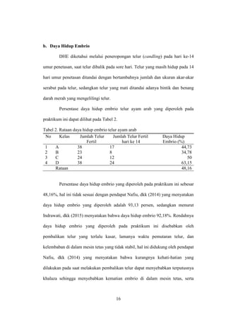 16
b. Daya Hidup Embrio
DHE diketahui melalui peneropongan telur (candling) pada hari ke-14
umur penetasan, saat telur dibalik pada sore hari. Telur yang masih hidup pada 14
hari umur penetasan ditandai dengan bertambahnya jumlah dan ukuran akar-akar
serabut pada telur, sedangkan telur yang mati ditandai adanya bintik dan benang
darah merah yang mengelilingi telur.
Persentase daya hidup embrio telur ayam arab yang diperoleh pada
praktikum ini dapat dilihat pada Tabel 2.
Tabel 2. Rataan daya hidup embrio telur ayam arab
No Kelas Jumlah Telur
Fertil
Jumlah Telur Fertil
hari ke 14
Daya Hidup
Embrio (%)
1 A 38 17 44,73
2 B 23 8 34,78
3 C 24 12 50
4 D 38 24 63,15
Rataan 48,16
Persentase daya hidup embrio yang diperoleh pada praktikum ini sebesar
48,16%, hal ini tidak sesuai dengan pendapat Nafiu, dkk (2014) yang menyatakan
daya hidup embrio yang diperoleh adalah 93,13 persen, sedangkan menurut
Indrawati, dkk (2015) menyatakan bahwa daya hidup embrio 92,18%. Rendahnya
daya hidup embrio yang diperoleh pada praktikum ini disebabkan oleh
pembalikan telur yang terlalu kasar, lamanya waktu pemutaran telur, dan
kelembaban di dalam mesin tetas yang tidak stabil, hal ini didukung oleh pendapat
Nafiu, dkk (2014) yang menyatakan bahwa kurangnya kehati-hatian yang
dilakukan pada saat melakukan pembalikan telur dapat menyebabkan terputusnya
khalaza sehingga menyebabkan kematian embrio di dalam mesin tetas, serta
 
