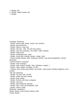 3 : Bantuan alat
4 : Mandiri dengan bantuan alat
5 : Mandiri
Neurologic Monitoring
- Monitor ukuran pupil, bentuk, simetris dan reaktivitas
- Monitor tanda disorientasi
- Monitor Glascow coma scale
- Monitor vital sign : suhu, TD, nadi dan respirasi
- Monitor tonus otot, pergerakan dan refleks; refleks babinsky
- Monitor tanda tremor
- Monitor ketidaksimetrisan wajah
- Monitor respon klien terhadap stimulus; dengar, taktil,
- Ajarkan kepada keluarga untuk mengurangi aktivitas yang dapat meningkatkan tekanan
intracranial.
Cerebral perfusion promotiont
- Monitor status neurologis
- Monitor status respirasi (jumlah, ritme, kedalaman respirasi, )
- Monitor suplai oksigen ke jaringan (ex Hb)
- Tentukan posisi kepala yang optimal, dan monitor respon pasien terhadap pengaturan posisi
tersebut.
Vital sign monitoring
- Monitor TD, nadi, suhu, dan RR
- Monitor jumlah dan irama jantung
- Monitor bunyi jantung
- Monitor frekuensi dan irama pernapasan
- Monitor suara paru
- Monitor pola pernapasan abnormal
- Monitor suhu, warna, dan kelembaban kulit
- Monitor sianosis perifer
Medication management
Berikan therapy sesuai program therapy medis
Oxygen therapy
 