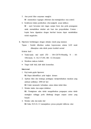 5. Atur posisi klien senyaman mungkin 
R/ : menurunkan tegangan abdomen dan meningkatkan rasa control. 
6. Kolaborasi dalam pemberikan obat analgetik sesuai indikasi. 
R/ : nyeri bervariasi dari ringan sampai berat dan perlu penanganan 
untuk memudahkan istirahat ade kuat dan penyembuhan. Catatan : 
kopiat harus digunakan dengan hati-hati karena dapat menimbulkan 
toksik megakolon. 
2. Hipertemi berhubungan dengan sirkulasi darah yang menurun 
Tujuan : Setelah diberikan asuhan keperawatan selama 2x30 menit 
diharapkan suhu tubuh pasien kembali normal 
Kriteria hasil : 
 Tanda-tanda vital stabil (TD : 100-120/70-90mmHg, N : 60- 
100x/menit, S : 36,5-37,50C, RR : 12-24x/menit) 
 Membran mukosa lembab. 
 Turgor kulit baik, kulit tidak kemerahan. 
Intervensi 
1. Kaji tanda gejala hipertemi 
R/: Dapat didentifikasi pola/ tingkat demam 
2. Ajarkan klien dan keluarga pentingnya mempertahankan masukan yang 
adekuat sedikitnya 2000 ml/ hari 
R/: Untuk memenuhi kebutuhan cairan dalam tubuh klien 
3. Monitor intake dan output dehidrasi 
R/: Peningkatan suhu tubuh mengakibatkan penguapan cairan tubuh 
meningkat sehingga perlu diimbangi dengan asupan cairan yang 
banyak 
4. Monitor suhu dan tanda vital 
R/: Suhu 38,9-41,1 C menunjukkan proses penyakit infeksius akut 
 