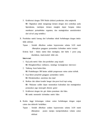 5. Kolaborasi dengan TIM Medis (dokter) pemberian obat antipiretik 
R/: Digunakan untuk mengurangi demam dengan aksi centralnya pada 
hipotalamus, meskipun demam mungkin dapat berguna dalam 
membatasi pertumbuhan organism, dan meningkatkan autodekstruksi 
dari sel-sel yang terinfeksi. 
3. Perubahan nutrisi kurang dari kebutuhan tubuh berhubungan dengan intake 
tidak adekuat. 
Tujuan : Setelah diberikan asuhan keperawatan selama 3x30 menit 
diharapkan gangguan pemenuhan kebutuhan nutrisi teratasi 
Kriteria hasil : Intake nutrisi klien meningkat, diet habis 1 porsi yang 
disediakan, mual,muntah tidak ada. 
Intervensi 
1. Kaji pola nutrisi klien dan perubahan yang terjadi. 
R/: Mengidentifikasi defisiensi, menduga kemungkinan intervensi 
2. Timbang berat badan klien. 
R/: Penimbangan BB harian adalah pengawasan status cairan terbaik. 
3. Kaji faktor penyebab gangguan pemenuhan nutrisi. 
R/: Meminimalkan anoreksia dan mual 
4. Berikan diet dalam kondisi hangat dan porsi kecil tapi sering. 
R/: Makanan sedikit dapat menurunkan kelemahan dan meningkatkan 
pemasukan juga mencegah distensi gaster 
5. Kolaborasi dengan tim gizi dalam penentuan diet klien. 
R/: untuk memenuhi kebutuhan nutrisi klien 
4. Resiko tinggi kekurangan volume cairan berhubungan dengan output 
cairan dan elektrolit berlebihan 
Tujuan : Setelah diberikan asuhan keperawatan selama 3x30 menit 
diharapkan pasien mampu mempertahankan volume cairan 
adekuat 
 