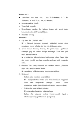Kriteria hasil : 
 Tanda-tanda vital stabil (TD : 100-120/70-90mmHg, N : 60- 
100x/menit, S : 36,5-37,50C, RR : 12-24x/menit). 
 Membran mukosa lembab. 
 Turgor kulit membaik. 
 Keseimbangan masukan dan haluaran dengan urin normal dalam 
konsentrasi/jumlah (0,5-1cc/kg BB/jam). 
 Mata tidak cowong. 
Intervensi : 
1. Kaji tanda vital (TD, nadi, suhu). 
R/ : hipotensi (termasuk postural), takikardial, demam dapat 
menunjukan respon terhadap dan/ atau efek kehilangan cairan. 
2. Awasi masukan haluaran, karakter, dan jumlah feses ; perkirakan 
kehilangan yang tak terlihat misalnya berkeringat. Ukur berat jenis 
urine; observasi oliguria. 
R/ : memberikan informasi tentang keseimbangan cairan. Fungsi ginjal 
dan control penyakit usus juga merupakan pedoman untuk penggantian 
cairan. 
3. Observasi kulit kering berlebihan dan membran mukosa, penurunan 
turgor kulit, pengisian kapiler lambat. 
R/ : menunjukan kehilangan cairan berlebih atau dehidrasi. 
4. Kolaborasi 
 Berikan cairan parenteral sesuai indikasi. 
R/ : mempertahankan istirahat usus akan memerlukan penggantian 
cairan untuk memperbaiki kehilangan. Catatan : cairan 
mengandung natrium dapat dibatasi pada adanya enteritis regional. 
 Berikan obat sesuai indikasi anti diare. 
R/ : menurunkan kehilangan cairan dari usus. 
 Berikan obat antiemetic misalnya trimetobenzamida (tigan) ; 
hidroksin (pistaril) ; proklorperasin (kompazine). 
 