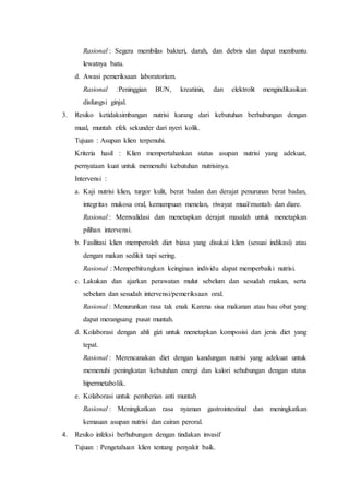 Rasional : Segera membilas bakteri, darah, dan debris dan dapat membantu
lewatnya batu.
d. Awasi pemeriksaan laboratorium.
Rasional :Peninggian BUN, kreatinin, dan elektrolit mengindikasikan
disfungsi ginjal.
3. Resiko ketidaksimbangan nutrisi kurang dari kebutuhan berhubungan dengan
mual, muntah efek sekunder dari nyeri kolik.
Tujuan : Asupan klien terpenuhi.
Kriteria hasil : Klien mempertahankan status asupan nutrisi yang adekuat,
pernyataan kuat untuk memenuhi kebutuhan nutrisinya.
Intervensi :
a. Kaji nutrisi klien, turgor kulit, berat badan dan derajat penurunan berat badan,
integritas mukosa oral, kemampuan menelan, riwayat mual/muntah dan diare.
Rasional : Memvalidasi dan menetapkan derajat masalah untuk menetapkan
pilihan intervensi.
b. Fasilitasi klien memperoleh diet biasa yang disukai klien (sesuai indikasi) atau
dengan makan sedikit tapi sering.
Rasional : Memperhitungkan keinginan individu dapat memperbaiki nutrisi.
c. Lakukan dan ajarkan perawatan mulut sebelum dan sesudah makan, serta
sebelum dan sesudah intervensi/pemeriksaan oral.
Rasional : Menurunkan rasa tak enak Karena sisa makanan atau bau obat yang
dapat merangsang pusat muntah.
d. Kolaborasi dengan ahli gizi untuk menetapkan komposisi dan jenis diet yang
tepat.
Rasional : Merencanakan diet dengan kandungan nutrisi yang adekuat untuk
memenuhi peningkatan kebutuhan energi dan kalori sehubungan dengan status
hipermetabolik.
e. Kolaborasi untuk pemberian anti muntah
Rasional : Meningkatkan rasa nyaman gastrointestinal dan meningkatkan
kemauan asupan nutrisi dan cairan peroral.
4. Resiko infeksi berhubungan dengan tindakan invasif
Tujuan : Pengetahuan klien tentang penyakit baik.
 