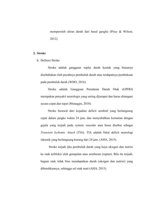 memperoleh aliran darah dari basal ganglia (Price & Wilson,
2012).
2. Stroke
b. Definisi Stroke
Stroke adalah gangguan suplai darah keotak yang biasanya
disebabakan oleh pecahnya pembuluh darah atau terdapatnya pembekuan
pada pembuluh darah (WHO, 2016).
Stroke adalah Gangguan Peredaran Darah Otak (GPDO)
merupakan penyakit neurologis yang sering dijumpai dan harus ditangani
secara cepat dan tepat (Mutaqqin, 2018).
Stroke berawal dari kejadian deficit serebral yang berlangsung
cepat dalam jangka waktu 24 jam, dan menyebabkan kematian dengan
gejala yang terjadi pada system vascular atau biasa disebut sebagai
Transient Ischemic Attack (TIA). TIA adalah fokal deficit neurologi
iskemik yang berlangsung kurang dari 24 jam. (AHA, 2015).
Stroke terjadi jika pembuluh darah yang kaya oksigen dan nutrisi
ke otak terblokir oleh gumpalan atau semburan (ruptur). Bila itu terjadi,
bagian otak tidak bisa mendapatkan darah (oksigen dan nutrisi) yang
dibutuhkannya, sehingga sel otak mati (AHA, 2015).
 