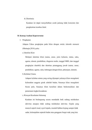 4) Distritmia
Keadaan ini dapat menyebabkan curah jantung tidak konsisten dan
penghentian trombus lokal.
B. Konsep Asuhan Keperawatan
1. Pengkajian
Adapun Fokus pengkajian pada klien dengan stroke iskemik menurut
(Muttaqin,2018) yaitu:
a. Identitas Kien
Meliputi identitas klien (nama, umur, jenis kelamin, status, suku,
agama, alamat, pendidikan, diagnosa medis, tanggal MRS, dan tanggal
pengkajian diambil) dan identitas penanggung jawab (nama, umur,
pendidikan, agama, suku, hubungan dengan klien, pekerjaan, alamat).
b.Keluhan Utama
Adapun keluhan utama yang sering dijumpai yaitunya klien mengalami
kelemahan anggota gerak sebelah badan, biasanya klien mengalami
bicara pelo, biasanya klien kesulitan dalam berkomunikasi dan
penurunan tingkat kesadaran.
c. Riwayat Kesehatan Sekarang
Keadaan ini berlangsung secara mendadak baik sedang melakukan
aktivitas ataupun tidak sedang melakukan aktivitas. Gejala yang
muncul seperti mual, nyeri kepala, muntah bahkan kejang sampai tidak
sadar, kelumpuhan separuh badan atau gangguan fungsi otak yang lain.
 