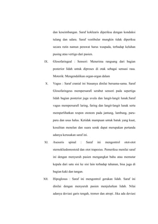 dan keseimbangan. Saraf koklearis diperiksa dengan konduksi
tulang dan udara. Saraf vestibular mungkin tidak diperiksa
secara rutin namun perawat harus waspada, terhadap keluhan
pusing atau vertigo dari pasien.
IX. Glosofaringeal : Sensori: Menerima rangsang dari bagian
posterior lidah untuk diproses di otak sebagai sensasi rasa.
Motorik: Mengendalikan organ-organ dalam
X. Vagus : Saraf cranial ini biasanya dinilai bersama-sama. Saraf
Glosofaringeus mempersarafi serabut sensori pada sepertiga
lidah bagian posterior juga uvula dan langit-langit lunak.Saraf
vagus mempersarafi laring, faring dan langit-langit lunak serta
memperlihatkan respon otonom pada jantung, lambung, paru-
paru dan usus halus. Ketidak mampuan untuk batuk yang kuat,
kesulitan menelan dan suara serak dapat merupakan pertanda
adanya kerusakan saraf ini.
XI. Asesoris spinal : Saraf ini mengontrol otot-otot
sternokliedomostoid dan otot trapesius. Pemeriksa menilai saraf
ini dengan menyuruh pasien mengangkat bahu atau memutar
kepala dari satu sisi ke sisi lain terhadap tahanan, bisa juga di
bagian kaki dan tangan.
XII. Hipoglosus : Saraf ini mengontrol gerakan lidah. Saraf ini
dinilai dengan menyuruh pasien menjulurkan lidah. Nilai
adanya deviasi garis tengah, tremor dan atropi. Jika ada deviasi
 