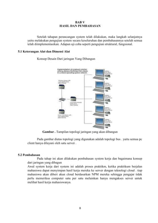 8
BAB V
HASIL DAN PEMBAHASAN
Setelah tahapan perancangan system telah dilakukan, maka langkah selanjutnya
yaitu melakukan pengujian system secara keseluruhan dan pembahasannya setelah semua
telah diimplementasikan. Adapun uji coba seperti pengujian struktural, fungsional.
5.1 Keterangan Alat dan Dimensi Alat
Konsep Desain Dari jaringan Yang Dibangun
Gambar . Tampilan topologi jaringan yang akan dibangun
Pada gambar diatas topologi yang digunakan adalah topologi bus . yaitu semua pc
client hanya dilayani oleh satu server .
5.2 Pembahasan
Pada tahap ini akan dilakukan pembahasan system kerja dan bagaimana konsep
dari jaringan yang dibagun
Awal system kerja dari system ini adalah proses praktikm, ketika praktikum berjalan
mahasiswa dapat menyimpan hasil kerja mereka ke server dengan teknologi cloud . tiap
mahasiswa akan diberi akun cloud berdasarkan NPM mereka sehingga pengajar tidak
perlu memeriksa computer satu per satu melainkan hanya mengakses server untuk
melihat hasil kerja mahasiswanya.
 