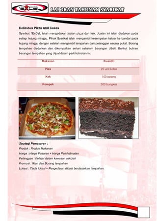Delicious Pizza And Cakes
Syarikat I‟ExCeL telah mengadakan jualan pizza dan kek. Jualan ini telah diadakan pada
setiap hujung minggu. Pihak Syarikat telah mengambil kesempatan keluar ke bandar pada
hujung minggu dengan setelah mengambil tempahan dari pelanggan secara pukal. Borang
tempahan diedarkan dan dikumpulkan sehari sebelum barangan dibeli. Berikut butiran
barangan tempahan yang dijual dalam perkhidmatan ini.

                Makanan                                       Kuantiti

                   Piza                                     25 unit kotak

                   Kek                                       100 potong

                 Kerepek                                    300 bungkus




Strategi Pemasaran :
Produk : Produk Makanan
Harga : Harga Pasaran + Harga Perkhidmatan
Pelanggan : Pelajar dalam kawasan sekolah
Promosi : Iklan dan Borang tempahan
Lokasi : Tiada lokasi – Pengedaran dibuat berdasarkan tempahan.
 