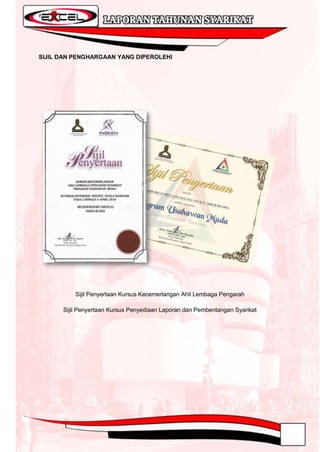 SIJIL DAN PENGHARGAAN YANG DIPEROLEHI




          Sijil Penyertaan Kursus Kecemerlangan Ahli Lembaga Pengarah

      Sijil Penyertaan Kursus Penyediaan Laporan dan Pembentangan Syarikat
 