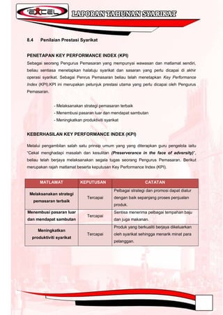 8.4      Penilaian Prestasi Syarikat


PENETAPAN KEY PERFORMANCE INDEX (KPI)
Sebagai seorang Pengurus Pemasaran yang mempunyai wawasan dan matlamat sendiri,
beliau sentiasa menetapkan halatuju syarikat dan sasaran yang perlu dicapai di akhir
operasi syarikat. Sebagai Penrus Pemasaran beliau telah menetapkan Key Performance
Index (KPI).KPI ini merupakan petunjuk prestasi utama yang perlu dicapai oleh Pengurus
Pemasaran.


               - Melaksanakan strategi pemasaran terbaik
               - Menembusi pasaran luar dan mendapat sambutan
               - Meningkatkan produktiviti syarikat


KEBERHASILAN KEY PERFORMANCE INDEX (KPI)

Melalui pengambilan salah satu prinsip umum yang yang diterapkan guru pengelola iaitu
“Cekal menghadapi masalah dan kesulitan (Preserverance in the face of adversity)”,
beliau telah berjaya melaksanakan segala tugas seorang Pengurus Pemasaran. Berikut
merupakan rajah matlamat beserta keputusan Key Performance Index (KPI).


         MATLAMAT            KEPUTUSAN                          CATATAN
                                                Pelbagai strategi dan promosi dapat diatur
 Melaksanakan strategi
                                 Tercapai       dengan baik sepanjang proses penjualan
      pemasaran terbaik
                                                produk.
Menembusi pasaran luar                          Sentisa menerima pelbagai tempahan baju
                                 Tercapai
dan mendapat sambutan                           dan juga makanan.
                                                Produk yang berkualiti berjaya dikeluarkan
        Meningkatkan
                                 Tercapai       oleh syarikat sehingga menarik minat para
  produktiviti syarikat
                                                pelanggan.
 