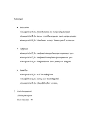 Keterangan
• Keberanian
Mendapat nilai 3 jika berani bertanya dan menjawab pertanyaan.
Mendapat nilai 2 jika kurang berani bertanya dan menjawab pertanyaan.
Mendapat niali 1 jika tidak berani bertanya dan menjawab pertanyaan.
• Kebenaran
Mendapat nilai 3 jika menjawab denagan benar pertanyaan dari guru.
Mendapat nilai 2 jika menjawab kurang benar pertanyaan dari guru.
Mendapat nilai 1 jika menjawab tidak benar pertanyaan dari guru.
• Keaktifan
Mendapat nilai 3 jika aktif dalam kegiatan.
Mendapat nilai 2 jika kurang aktif dalam kegiatan.
Mendapat nilai 1 jika tidak aktif dalam kegiatan.
2. Penilaian evaluasi
Jumlah pertanyaan 1
Skor maksimal 100
 
