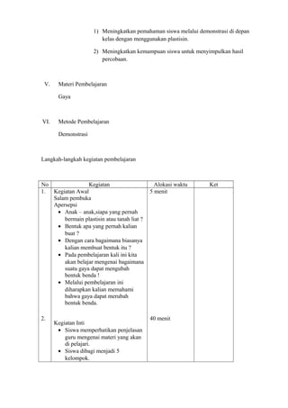 1) Meningkatkan pemahaman siswa melalui demonstrasi di depan
kelas dengan menggunakan plastisin.
2) Meningkatkan kemampuan siswa untuk menyimpulkan hasil
percobaan.
V. Materi Pembelajaran
Gaya
VI. Metode Pembelajaran
Demonstrasi
Langkah-langkah kegiatan pembelajaran
No Kegiatan Alokasi waktu Ket
1.
2.
Kegiatan Awal
Salam pembuka
Apersepsi
• Anak – anak,siapa yang pernah
bermain plastisin atau tanah liat ?
• Bentuk apa yang pernah kalian
buat ?
• Dengan cara bagaimana biasanya
kalian membuat bentuk itu ?
• Pada pembelajaran kali ini kita
akan belajar mengenai bagaimana
suatu gaya dapat mengubah
bentuk benda !
• Melalui pembelajaran ini
diharapkan kalian memahami
bahwa gaya dapat merubah
bentuk benda.
Kegiatan Inti
• Siswa memperhatikan penjelasan
guru mengenai materi yang akan
di pelajari.
• Siswa dibagi menjadi 5
kelompok.
5 menit
40 menit
 