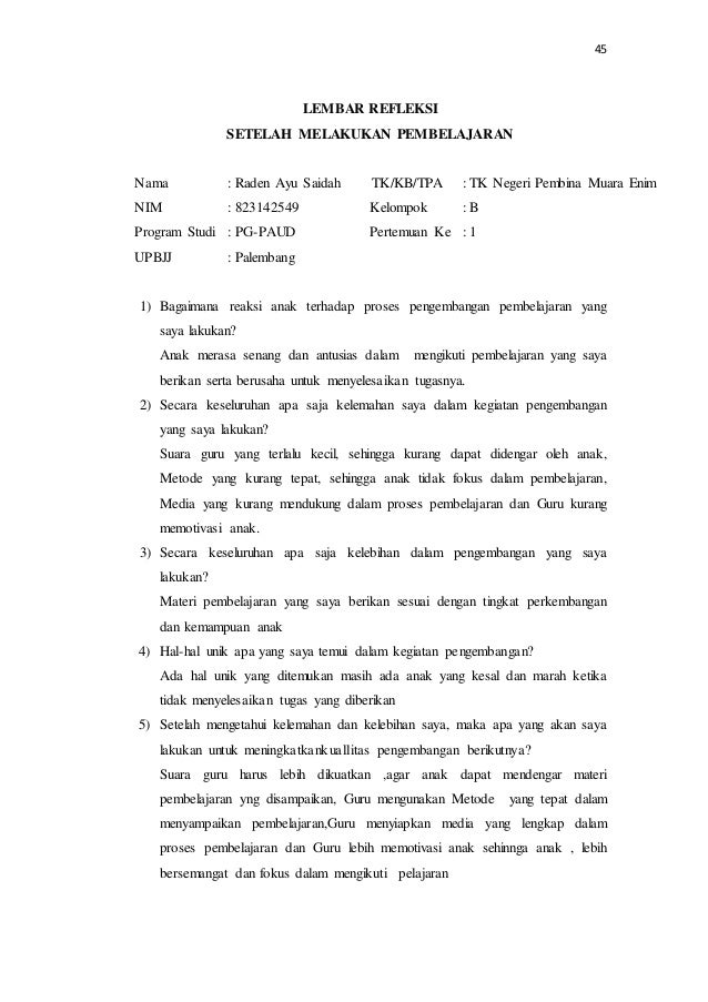 Contoh Lembar Refleksi Setelah Melakukan Pembelajaran Di Paud Bagikan Contoh