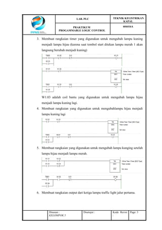 LAB. PLC TEKNIK KELISTRIKAN
KAPAL
PRAKTIKUM
PROGAMMABLE LOGIC CONTROL
604416A
Disusun :
KELOMPOK 5
Disetujui : Kode Revisi
:
Page: 3
3. Membuat rangkaian timer yang digunakan untuk mengubah lampu kuning
menjadi lampu hijau (karena saat tombol start ditekan lampu merah 1 akan
langsung berubah menjadi kuning)
W1.03 adalah coil bantu yang digunakan untuk mengubah lampu hijau
menjadi lampu kuning lagi.
4. Membuat rangkaian yang digunakan untuk mengubahlampu hijau menjadi
lampu kuning lagi
5. Membuat rangkaian yang digunakan untuk mengubah lampu kunging setelah
lampu hijau menjadi lampu merah.
6. Membuat rangkaian output dari ketiga lampu traffic light jalur pertama.
 