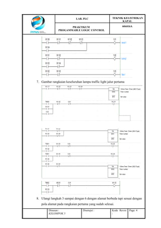 LAB. PLC TEKNIK KELISTRIKAN
KAPAL
PRAKTIKUM
PROGAMMABLE LOGIC CONTROL
604416A
Disusun :
KELOMPOK 5
Disetujui : Kode Revisi
:
Page: 4
7. Gambar rangkaian keseluruhan lampu traffic light jalur pertama
8. Ulangi langkah 3 sampai dengan 6 dengan alamat berbeda tapi sesuai dengan
pola alamat pada rangkaian pertama yang sudah selesai.
 