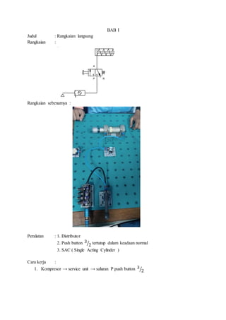 BAB I
Judul : Rangkaian langsung
Rangkaian :
Rangkaian sebenarnya :
Peralatan : 1. Distributor
2. Push button 3
2⁄ tertutup dalam keadaan normal
3. SAC ( Single Acting Cylinder )
Cara kerja :
1. Kompresor → service unit → saluran P push button 3
2⁄
A
P R
 