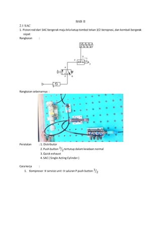 BAB II
2.1 SAC
1. Piston rod dari SAC bergerak maju bila katup tombol tekan 3/2 beroprasi, dan kembali bergerak
cepat
Rangkaian :
Rangkaian sebenarnya :
Peralatan : 1. Distributor
2. Push button 3
2⁄ tertutup dalam keadaan normal
3. Quick exhaust
4. SAC ( Single Acting Cylinder )
Cara kerja :
1. Kompresor → service unit → saluran P push button 3
2⁄
A
P R
P
A
3
 