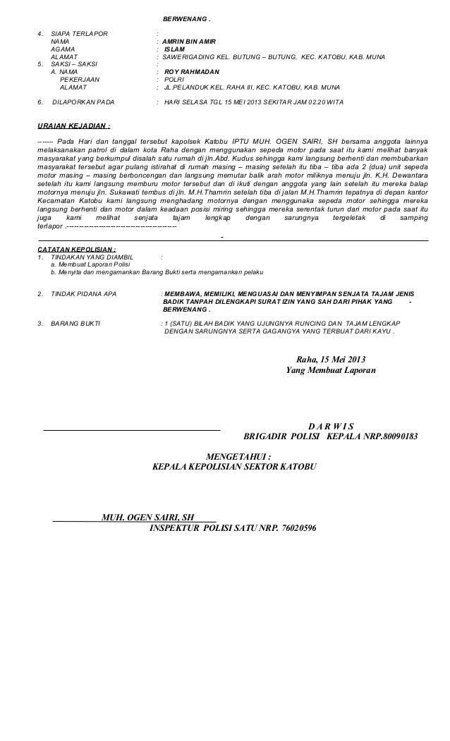 Contoh Laporan Polisi Model B / Laporan Polisi Pembunuhan