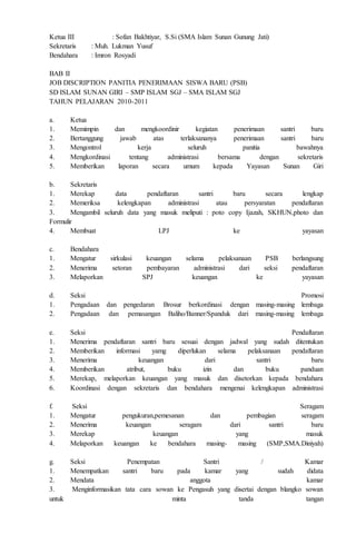 Ketua III : Sofan Bakhtiyar, S.Si (SMA Islam Sunan Gunung Jati)
Sekretaris : Muh. Lukman Yusuf
Bendahara : Imron Rosyadi
BAB II
JOB DISCRIPTION PANITIA PENERIMAAN SISWA BARU (PSB)
SD ISLAM SUNAN GIRI – SMP ISLAM SGJ – SMA ISLAM SGJ
TAHUN PELAJARAN 2010-2011
a. Ketua
1. Memimpin dan mengkoordinir kegiatan penerimaan santri baru
2. Bertanggung jawab atas terlaksananya penerimaan santri baru
3. Mengontrol kerja seluruh panitia bawahnya
4. Mengkordinasi tentang administrasi bersama dengan sekretaris
5. Memberikan laporan secara umum kepada Yayasan Sunan Giri
b. Sekretaris
1. Merekap data pendaftaran santri baru secara lengkap
2. Memeriksa kelengkapan administrasi atau persyaratan pendaftaran
3. Mengambil seluruh data yang masuk meliputi : poto copy Ijazah, SKHUN,photo dan
Formulir
4. Membuat LPJ ke yayasan
c. Bendahara
1. Mengatur sirkulasi keuangan selama pelaksanaan PSB berlangsung
2. Menerima setoran pembayaran administrasi dari seksi pendaftaran
3. Melaporkan SPJ keuangan ke yayasan
d. Seksi Promosi
1. Pengadaan dan pengedaran Brosur berkordinasi dengan masing-masing lembaga
2. Pengadaan dan pemasangan Baliho/Banner/Spanduk dari masing-masing lembaga
e. Seksi Pendaftaran
1. Menerima pendaftaran santri baru sesuai dengan jadwal yang sudah ditentukan
2. Memberikan informasi yamg diperlukan selama pelaksanaan pendaftaran
3. Menerima keuangan dari santri baru
4. Memberikan atribut, buku izin dan buku panduan
5. Merekap, melaporkan keuangan yang masuk dan disetorkan kepada bendahara
6. Koordinasi dengan sekretaris dan bendahara mengenai kelengkapan administrasi
f. Seksi Seragam
1. Mengatur pengukuran,pemesanan dan pembagian seragam
2. Menerima keuangan seragam dari santri baru
3. Merekap keuangan yang masuk
4. Melaporkan keuangan ke bendahara masing- masing (SMP,SMA.Diniyah)
g. Seksi Penempatan Santri / Kamar
1. Menempatkan santri baru pada kamar yang sudah didata
2. Mendata anggota kamar
3. Menginformasikan tata cara sowan ke Pengasuh yang disertai dengan blangko sowan
untuk minta tanda tangan
 