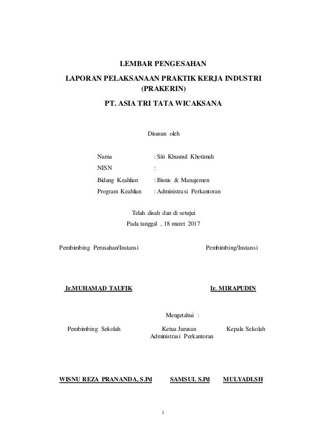 Contoh Lembar Pengesahan Laporan Pkl Smk Administrasi