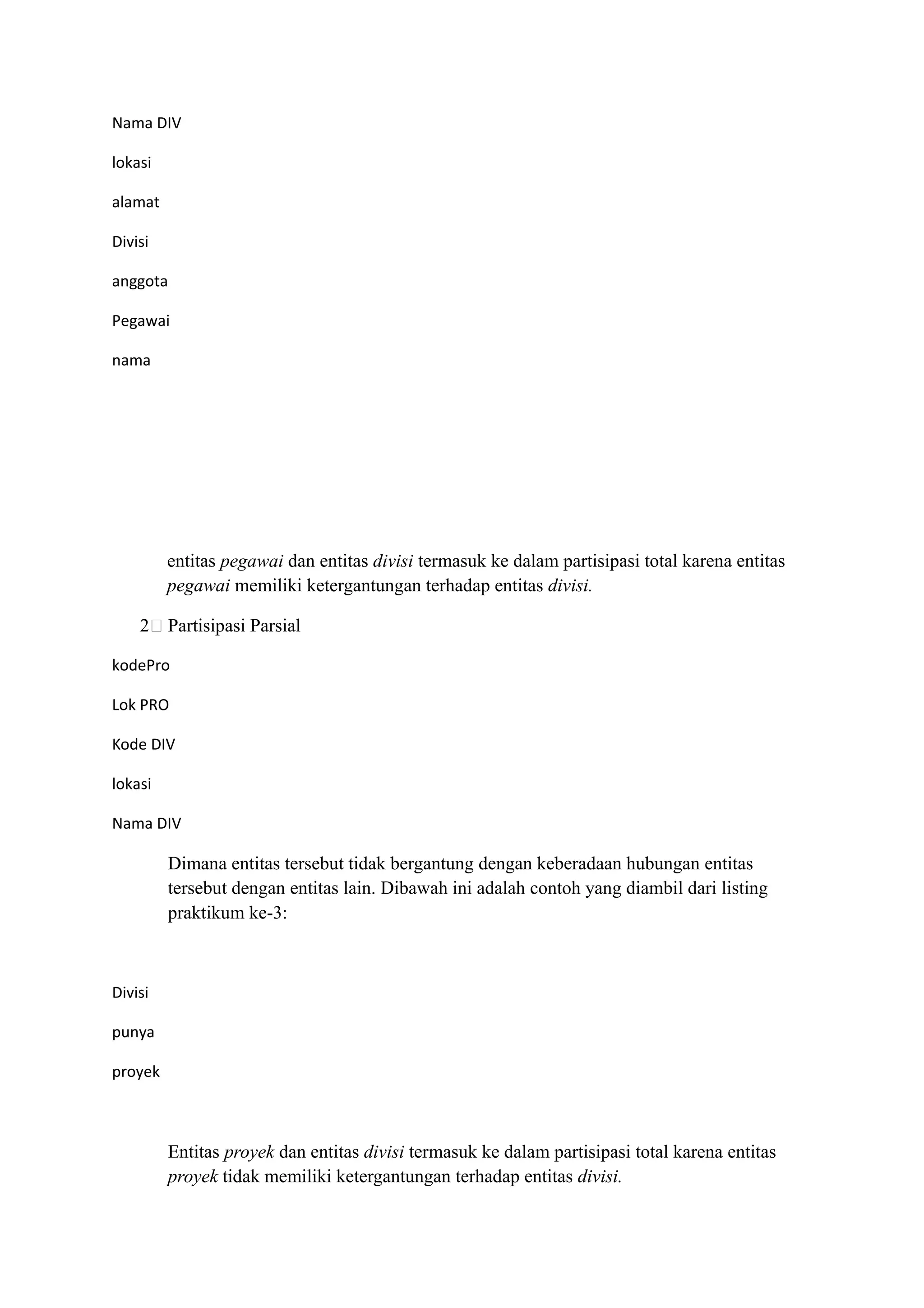 Nama DIV

lokasi

alamat

Divisi

anggota

Pegawai

nama




         entitas pegawai dan entitas divisi termasuk ke dalam partisipasi total karena entitas
         pegawai memiliki ketergantungan terhadap entitas divisi.

    2- Partisipasi Parsial

kodePro

Lok PRO

Kode DIV

lokasi

Nama DIV

         Dimana entitas tersebut tidak bergantung dengan keberadaan hubungan entitas
         tersebut dengan entitas lain. Dibawah ini adalah contoh yang diambil dari listing
         praktikum ke-3:



Divisi

punya

proyek



         Entitas proyek dan entitas divisi termasuk ke dalam partisipasi total karena entitas
         proyek tidak memiliki ketergantungan terhadap entitas divisi.
 