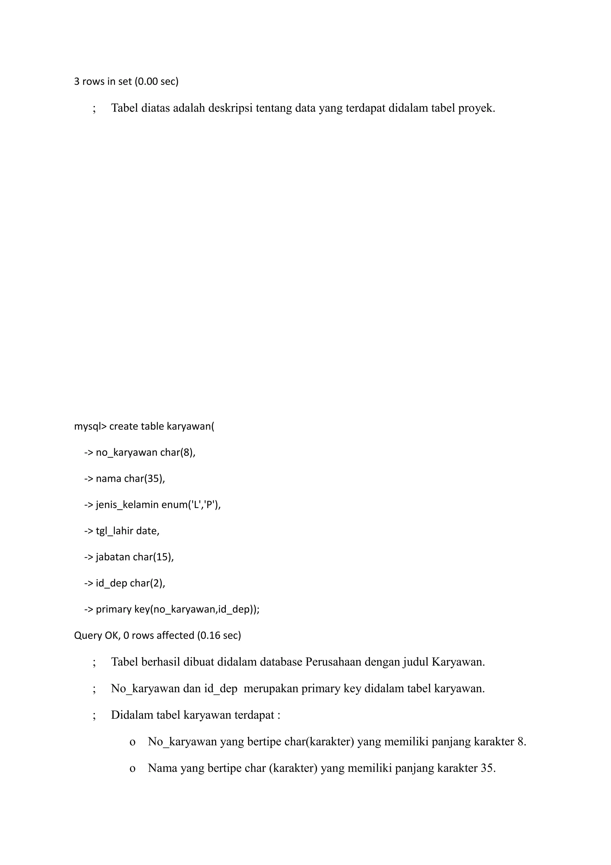 3 rows in set (0.00 sec)

    ;   Tabel diatas adalah deskripsi tentang data yang terdapat didalam tabel proyek.




mysql> create table karyawan(

  -> no_karyawan char(8),

  -> nama char(35),

  -> jenis_kelamin enum('L','P'),

  -> tgl_lahir date,

  -> jabatan char(15),

  -> id_dep char(2),

  -> primary key(no_karyawan,id_dep));

Query OK, 0 rows affected (0.16 sec)

    ;   Tabel berhasil dibuat didalam database Perusahaan dengan judul Karyawan.

    ;   No_karyawan dan id_dep merupakan primary key didalam tabel karyawan.

    ;   Didalam tabel karyawan terdapat :

            o    No_karyawan yang bertipe char(karakter) yang memiliki panjang karakter 8.

            o    Nama yang bertipe char (karakter) yang memiliki panjang karakter 35.
 