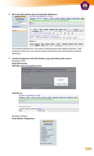 6.   Buat satu buah database dan satu buah tabel didalamnya




     Cara membuat database baru, sama seperti membuat database pada database Penjualan. Untuk
     pembuatan tabelnya pun, sama seperti membuat tabel barang yang sudah dilakukan praktikum
     sebelumnya.

7.   Lakukan penghapusan tabel dan database yang sudah dibuat pada nomor 6
     Menghapus Tabel
     Drop table barang;
     Pilih SQL untuk memasukkan syntax.




     Hasil Browse




     Menghapus Database
     Drop database Penggadaian;




                                                                                                14
 