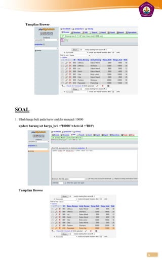 Tampilan Browse




SOAL
1. Ubah harga beli pada baris terakhir menjadi 10000

  update barang set harga_beli ='10000' where id ='B10';




  Tampilan Browse




                                                           6
 