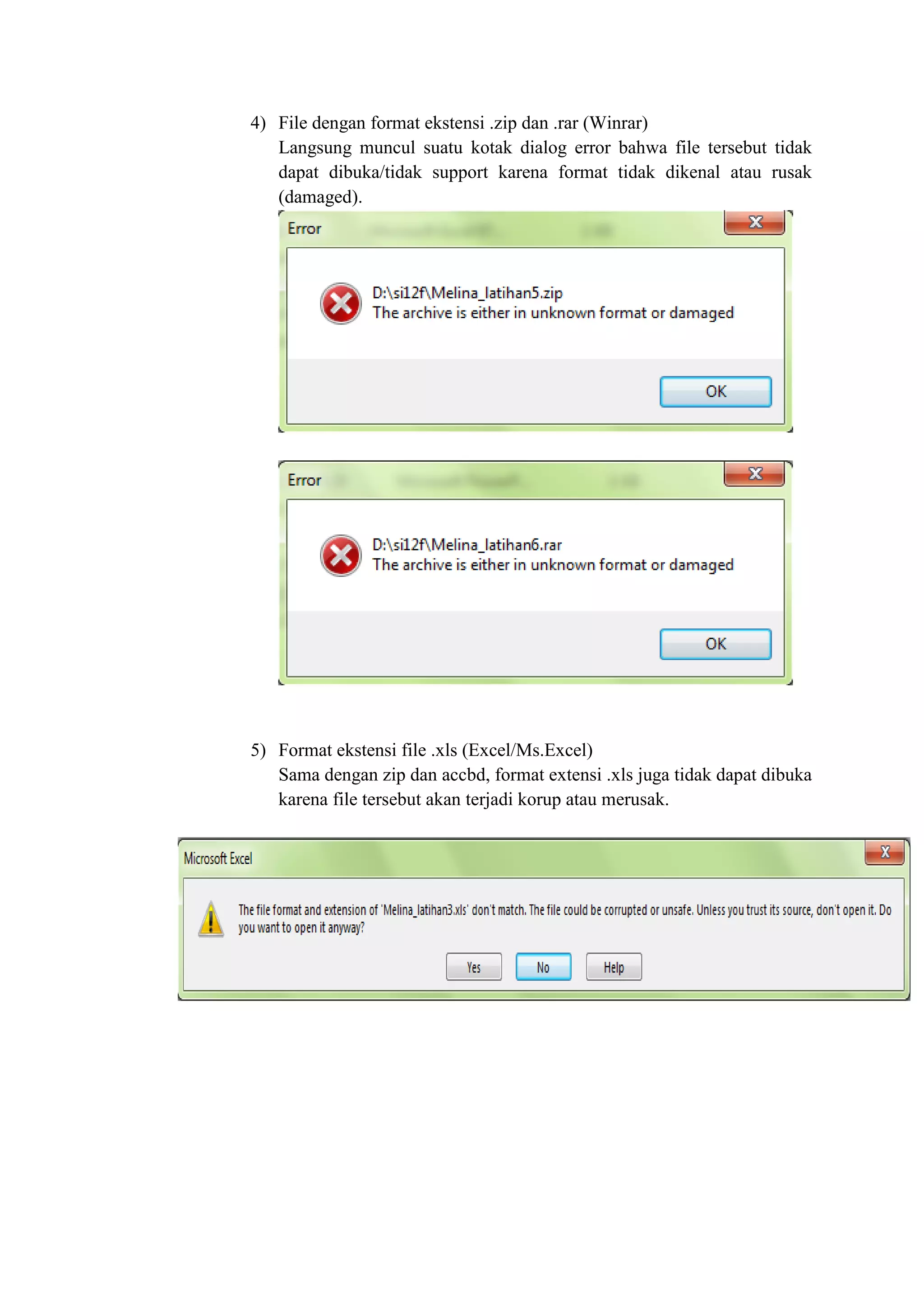 4) File dengan format ekstensi .zip dan .rar (Winrar)
Langsung muncul suatu kotak dialog error bahwa file tersebut tidak
dapat dibuka/tidak support karena format tidak dikenal atau rusak
(damaged).
5) Format ekstensi file .xls (Excel/Ms.Excel)
Sama dengan zip dan accbd, format extensi .xls juga tidak dapat dibuka
karena file tersebut akan terjadi korup atau merusak.
 