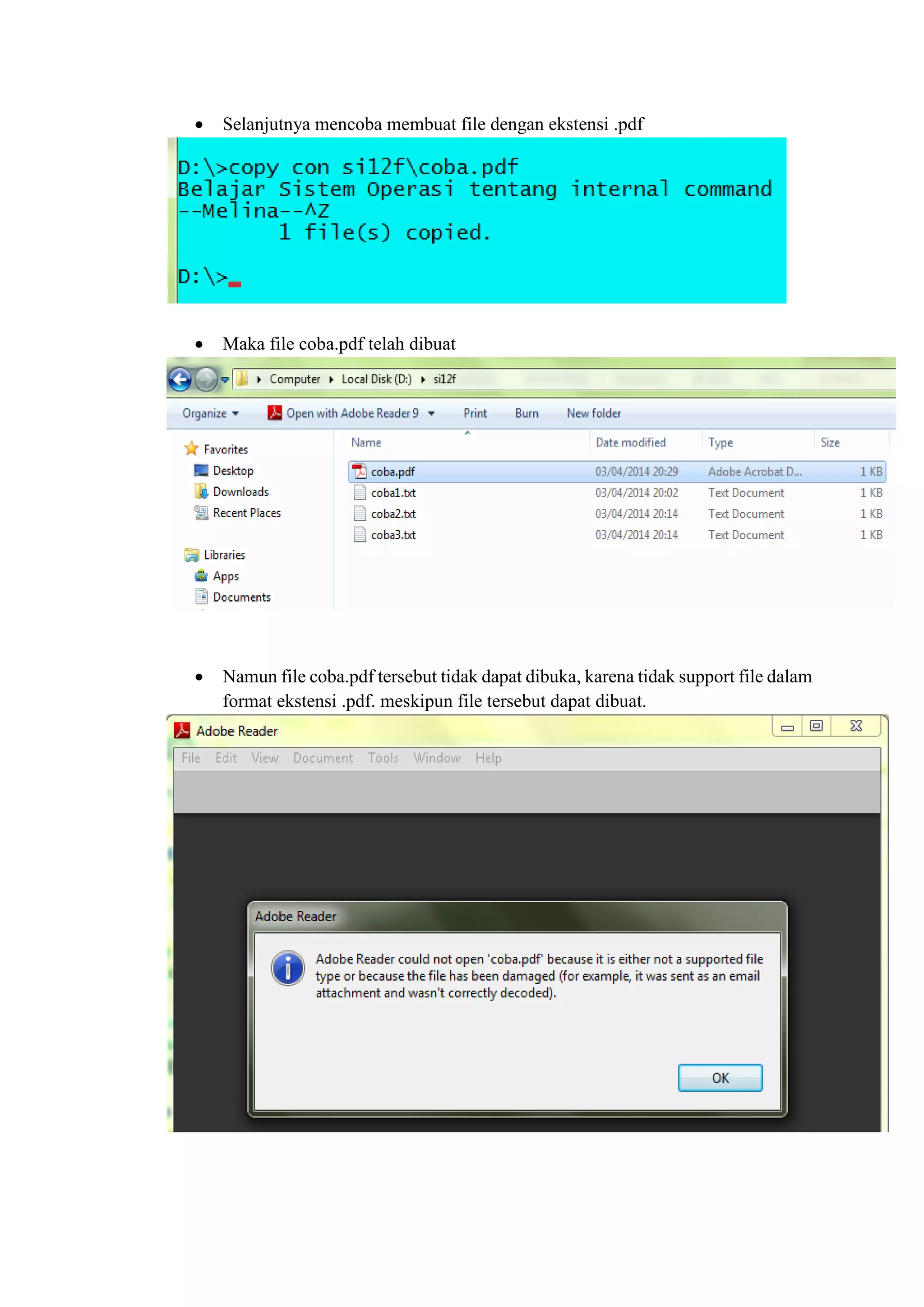  Selanjutnya mencoba membuat file dengan ekstensi .pdf
 Maka file coba.pdf telah dibuat
 Namun file coba.pdf tersebut tidak dapat dibuka, karena tidak support file dalam
format ekstensi .pdf. meskipun file tersebut dapat dibuat.
 