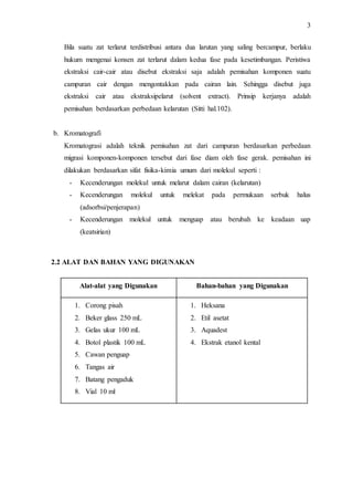 3
Bila suatu zat terlarut terdistribusi antara dua larutan yang saling bercampur, berlaku
hukum mengenai konsen zat terlarut dalam kedua fase pada kesetimbangan. Peristiwa
ekstraksi cair-cair atau disebut ekstraksi saja adalah pemisahan komponen suatu
campuran cair dengan mengontakkan pada cairan lain. Sehingga disebut juga
ekstraksi cair atau ekstraksipelarut (solvent extract). Prinsip kerjanya adalah
pemisahan berdasarkan perbedaan kelarutan (Sitti hal.102).
b. Kromatografi
Kromatograsi adalah teknik pemisahan zat dari campuran berdasarkan perbedaan
migrasi komponen-komponen tersebut dari fase diam oleh fase gerak. pemisahan ini
dilakukan berdasarkan sifat fisika-kimia umum dari molekul seperti :
- Kecenderungan molekul untuk melarut dalam cairan (kelarutan)
- Kecenderungan molekul untuk melekat pada permukaan serbuk halus
(adsorbsi/penjerapan)
- Kecenderungan molekul untuk menguap atau berubah ke keadaan uap
(keatsirian)
2.2 ALAT DAN BAHAN YANG DIGUNAKAN
Alat-alat yang Digunakan Bahan-bahan yang Digunakan
1. Corong pisah
2. Beker glass 250 mL
3. Gelas ukur 100 mL
4. Botol plastik 100 mL
5. Cawan penguap
6. Tangas air
7. Batang pengaduk
8. Vial 10 ml
1. Heksana
2. Etil asetat
3. Aquadest
4. Ekstrak etanol kental
 