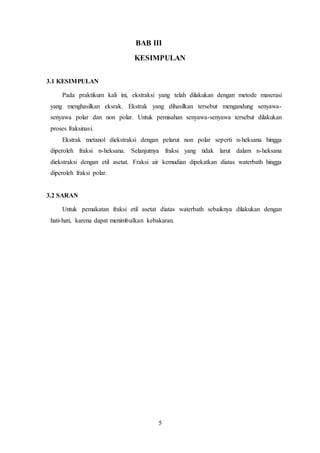 5
BAB III
KESIMPULAN
3.1 KESIMPULAN
Pada praktikum kali ini, ekstraksi yang telah dilakukan dengan metode maserasi
yang menghasilkan eksrak. Ekstrak yang dihasilkan tersebut mengandung senyawa-
senyawa polar dan non polar. Untuk pemisahan senyawa-senyawa tersebut dilakukan
proses fraksinasi.
Ekstrak metanol diekstraksi dengan pelarut non polar seperti n-heksana hingga
diperoleh fraksi n-heksana. Selanjutnya fraksi yang tidak larut dalam n-heksana
diekstraksi dengan etil asetat. Fraksi air kemudian dipekatkan diatas waterbath hingga
diperoleh fraksi polar.
3.2 SARAN
Untuk pemakatan fraksi etil asetat diatas waterbath sebaiknya dilakukan dengan
hati-hati, karena dapat menimbulkan kebakaran.
 