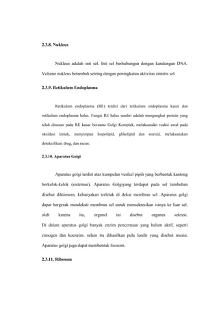 2.3.8. Nukleus
Nukleus adalah inti sel. Inti sel berhubungan dengan kandungan DNA.
Volume nukleus betambah seiring dengan peningkatan aktivitas sintetis sel.
2.3.9. Retikulum Endoplasma
Retikulum endoplasma (RE) terdiri dari retikulum endoplasma kasar dan
retikulum endoplasma halus. Fungsi RE halus sendiri adalah mengangkut protein yang
telah disusun pada RE kasar bersama Golgi Komplek, melaksanakn reaksi awal pada
oksidasi lemak, menyimpan fospolipid, glikolipid dan steroid, melaksanakan
detoksifikasi drug, dan racun.
2.3.10. Aparatus Golgi
Aparatus golgi terdiri atas kumpulan vesikel pipih yang berbentuk kantong
berkelok-kelok (sisternae). Aparatus Golgiyang terdapat pada sel tumbuhan
disebut diktiosom, kebanyakan terletak di dekat membran sel .Aparatus golgi
dapat bergerak mendekati membran sel untuk mensekresikan isinya ke luar sel.
oleh karena itu, organel ini disebut organes sekresi.
Di dalam aparatus golgi banyak enzim pencernaan yang belum aktif, seperti
zimogen dan koenzim. selain itu dihasilkan pula lendir yang disebut musin.
Aparatus golgi juga dapat membentuk lisosom.
2.3.11. Ribosom
 