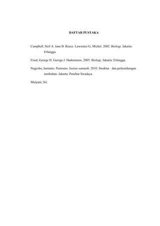 DAFTAR PUSTAKA
Campbell, Neil A. Jane B. Reece. Lawrence G, Michel. 2002. Biologi. Jakarta:
Erlangga.
Fried, George H. George J. Hademenos. 2005. Biologi. Jakarta: Erlangga.
Nugroho, hartanto. Purnomo. Issireo sumardi. 2010. Struktur dan perkembangan
tumbuhan. Jakarta: Penebar Swadaya.
Mulyani, Sri.
 
