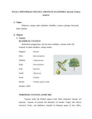 TUGAS 2. IDENTIFIKASI SENYAWA GOLONGAN FLAVONOIDA (Ekstrak Psidium
guajava)
1) Tujuan
Mahasiswa mampu untuk melakukan identifikasi senyawa golongan flavonoida
dalam tanaman.
2) Tinjauan
a) Tanaman
KLASIFIKASI TANAMAN
Berdasarkan penggolongan dan tata nama tumbuhan, tanaman jambu biji
termasuk ke dalam klasifikasi sebagai berikut:
Kingdom : Plantae
Divisi : Spermatophyta
Subdivisi : Angiospermae
Kelas : Dicotyledonae
Ordo : Myrtales
Famili : Myrtaceae
Genus : Psidium
Spesies : Psidium guajava Linn.
(Parimin, 2005)
MORFOLOGI TANAMAN JAMBU BIJI
Tanaman jambu biji (Psidium guajava Linn) bukan merupakan tanaman asli
Indonesia. Tanaman ini pertama kali ditemukan di Amerika Tengah oleh Nikolai
Ivanovich Vavilov saat melakukan ekspedisi ke beberapa negara di Asia, Afrika,
 