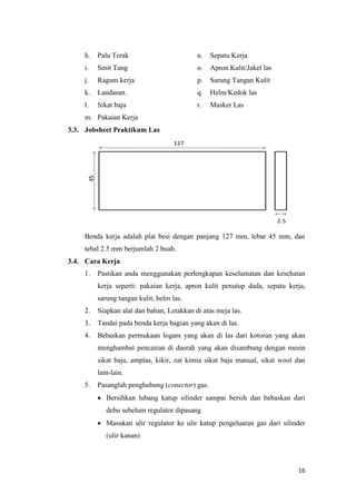 16 
h. Palu Terak 
i. Smit Tang 
j. Ragum kerja 
k. Landasan. 
l. Sikat baja 
m. Pakaian Kerja 
n. Sepatu Kerja 
o. Apron Kulit/Jaket las 
p. Sarung Tangan Kulit 
q. Helm/Kedok las 
r. Masker Las 
3.3. Jobsheet Praktikum Las 
Benda kerja adalah plat besi dengan panjang 127 mm, lebar 45 mm, dan tebal 2.5 mm berjumlah 2 buah. 
3.4. Cara Kerja 
1. Pastikan anda menggunakan perlengkapan keselamatan dan kesehatan kerja seperti: pakaian kerja, apron kulit penutup dada, sepatu kerja, sarung tangan kulit, helm las. 
2. Siapkan alat dan bahan, Letakkan di atas meja las. 
3. Tandai pada benda kerja bagian yang akan di las. 
4. Bebaskan permukaan logam yang akan di las dari kotoran yang akan menghambat pencairan di daerah yang akan disambung dengan mesin sikat baja, amplas, kikir, zat kimia sikat baja manual, sikat wool dan lain-lain. 
5. Pasanglah penghubung (conector) gas. 
 Bersihkan lubang katup silinder sampai bersih dan bebaskan dari debu sebelum regulator dipasang 
 Masukan ulir regulator ke ulir katup pengeluaran gas dari silinder (ulir kanan)  