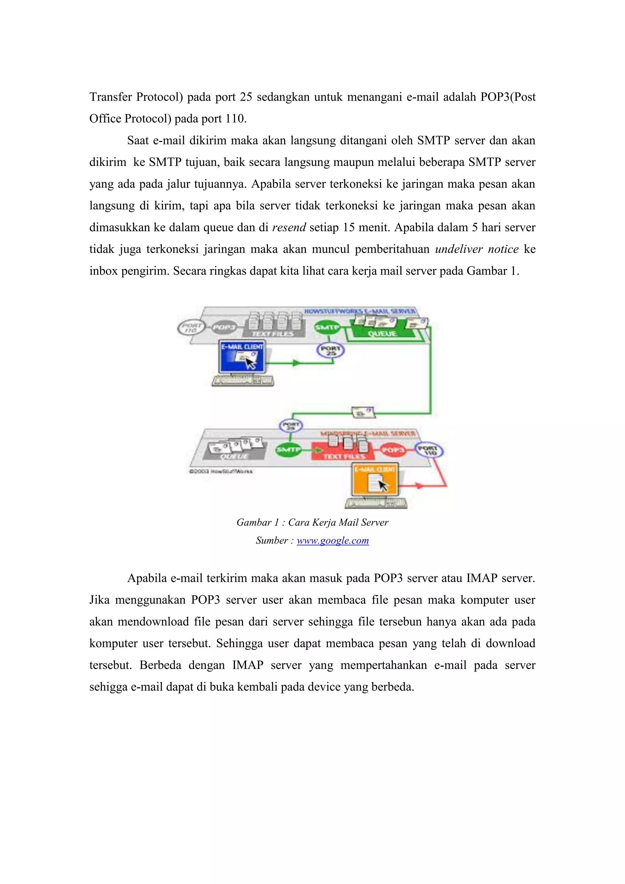 Transfer Protocol) pada port 25 sedangkan untuk menangani e-mail adalah POP3(Post
Office Protocol) pada port 110.
Saat e-mail dikirim maka akan langsung ditangani oleh SMTP server dan akan
dikirim ke SMTP tujuan, baik secara langsung maupun melalui beberapa SMTP server
yang ada pada jalur tujuannya. Apabila server terkoneksi ke jaringan maka pesan akan
langsung di kirim, tapi apa bila server tidak terkoneksi ke jaringan maka pesan akan
dimasukkan ke dalam queue dan di resend setiap 15 menit. Apabila dalam 5 hari server
tidak juga terkoneksi jaringan maka akan muncul pemberitahuan undeliver notice ke
inbox pengirim. Secara ringkas dapat kita lihat cara kerja mail server pada Gambar 1.

Gambar 1 : Cara Kerja Mail Server
Sumber : www.google.com

Apabila e-mail terkirim maka akan masuk pada POP3 server atau IMAP server.
Jika menggunakan POP3 server user akan membaca file pesan maka komputer user
akan mendownload file pesan dari server sehingga file tersebun hanya akan ada pada
komputer user tersebut. Sehingga user dapat membaca pesan yang telah di download
tersebut. Berbeda dengan IMAP server yang mempertahankan e-mail pada server
sehigga e-mail dapat di buka kembali pada device yang berbeda.

 