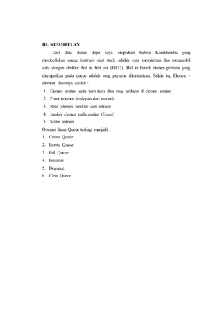 III. KESIMPULAN
Dari data diatas dapa saya simpulkan bahwa Karakteristik yang
membedakan queue (antrian) dari stack adalah cara menyimpan dan mengambil
data dengan struktur first in first out (FIFO). Hal ini berarti elemen pertama yang
ditempatkan pada queue adalah yang pertama dipindahkan. Selain itu, Elemen –
element dasarnya adalah :
1. Elemen antrian yaitu item-item data yang terdapat di elemen antrian
2. Front (elemen terdepan dari antrian)
3. Rear (elemen terakhir dari antrian)
4. Jumlah elemen pada antrian (Count)
5. Status antrian
Operasi dasar Queue terbagi menjadi :
1. Create Queue
2. Empty Queue
3. Full Queue
4. Enqueue
5. Dequeue
6. Clear Queue
 
