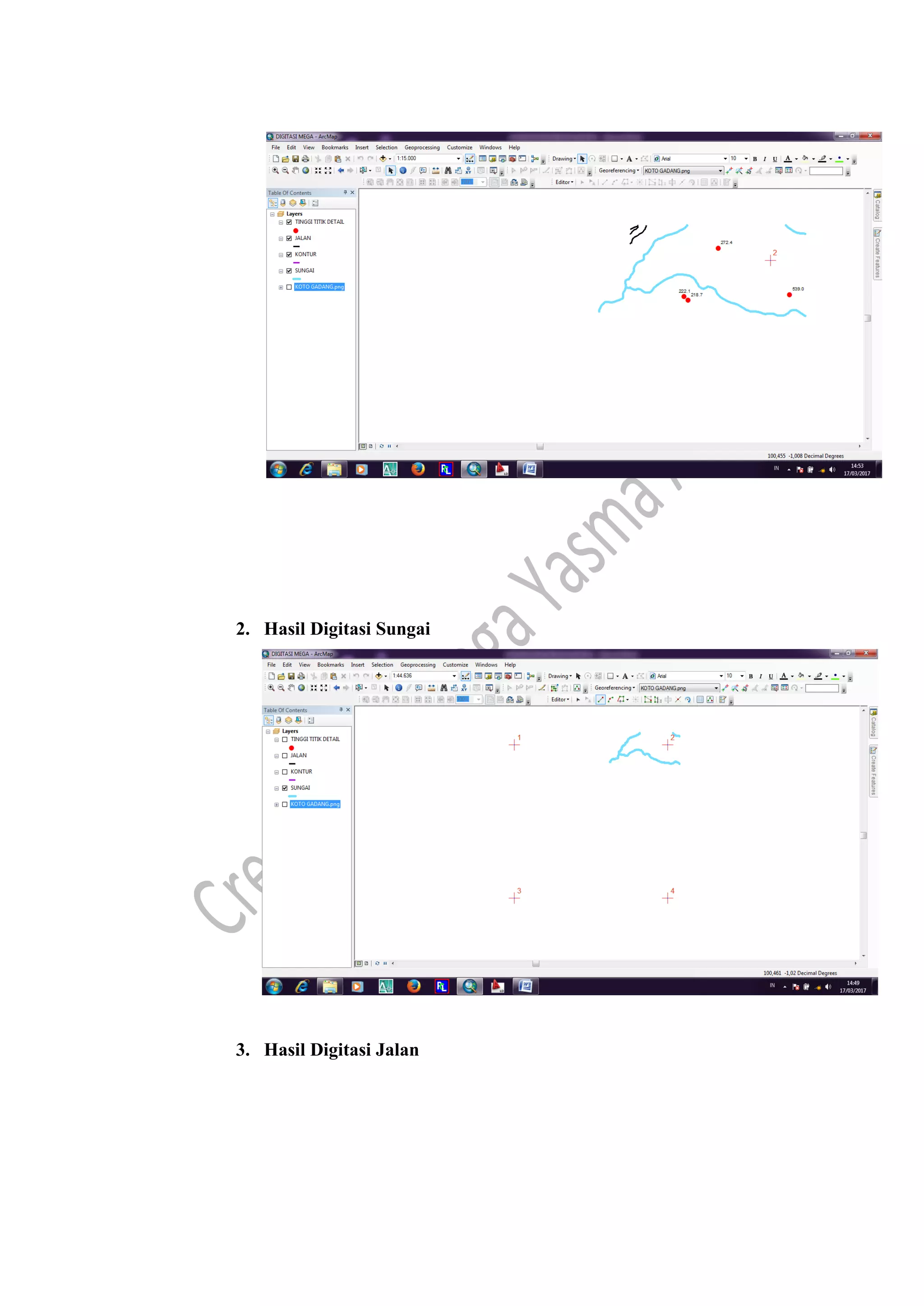 2. Hasil Digitasi Sungai
3. Hasil Digitasi Jalan
 