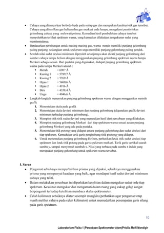 10
Laboratorium Fisika 1 |Percobaan Spektrometer Atom|Prisilia Meifi Mondigir
 Cahaya yang dipancarkan berbeda-beda pada setiap gas dan merupakan karakteristik gas tersebut.
Cahaya yang dihasilkan gas helium dan gas merkuri pada lampu, mengalami pembelokan
gelombang cahaya yang melewati prisma. Kemudian hasil pembelokan cahaya tersebut
menyebabkan terlihat spektrum warna, yang kemudian dilakukan pengukuran sudut yang
membentuknya.
 Berdasarkan perhitungan untuk masing-masing gas, warna merah memiliki panjang gelombang
paling panjang sedangkan untuk spektrum ungu memiliki panjang gelombang paling pendek.
 Setelah nilai sudut deviasi minimum diperoleh selanjutnya akan dicari panjang gelombang dari
sumber cahaya lampu helium dengan menggunakan panjang gelombang spektrum warna lampu
Merkuri sebagai acuan. Dari pustaka yang digunakan, didapat panjang gelombang spektrum
warna pada lampu Merkuri adalah :
 Merah = 6907 Å
 Kuning 1 = 5789,7 Å
 Kuning 2 = 5769 Å
 Hijau 1 = 5460,6 Å
 Hijau 2 = 4916 Å
 Biru = 4358,4 Å
 Ungu = 4046,6 Å
 Langkah-langkah menentukan panjang gelombang spektrum warna dengan menggunkan metode
grafik
1. Menentukan skala pada grafik
2. Menentukan skala deviasi minimum dan panjang gelombang (digunakan grafik deviasi
minimum terhadap panjang gelombang).
3. Memplot titik-titik sudut deviasi yang merupakan hasil dari percobaan yang dilakukan.
4. Memplot panjang gelombang Merkuri dari tiap spektrum warna sesuai acuan panjang
gelombang Merkuri yang ada pada pustaka.
5. Menentukan titik potong yang didapat antara panjang gelombang dan sudut deviasi dari
tiap spektrum. Kemuduian tarik garis penghubung titik peotong yang didapat.
6. Untuk menentukan panjang gelombang Helium, perhatikan letak titik sudut deviasi tiap
spektrum dan letak titik potong pada garis spektrum merkuri. Tarik garis vertikal searah
sumbu y, sampai menyentuh sumbuh x. Nilai yang terbaca pada sumbu x itulah yang
merupakan panjang gelombang untuk spektrum warna tersebut.
I. Saran
 Pengamat sebaiknya memperhatikan prisma yang dipakai, sebaiknya menggunakan
prisma yang mempunyai keadaan yang baik, agar mendapat hasil sudut deviasi minimum
cahaya yang teliti.
 Dalam melakukan percobaan ini diperlukan ketelitian dalam mengukur sudut orde tiap
spektrum. Kesulitan mengukur dan mengamati dalam ruang yang cukup gelap sangat
berpengaruh terhadap ketelitian membaca skala spektrometer.
 Celah kolimator sebaiknya diatur sesempit mungkin (perhatikan agar pengamat tetap
masih melihat cahaya pada celah kolimator) untuk memudahkan penempatan garis silang
pada garis spektrum.
 